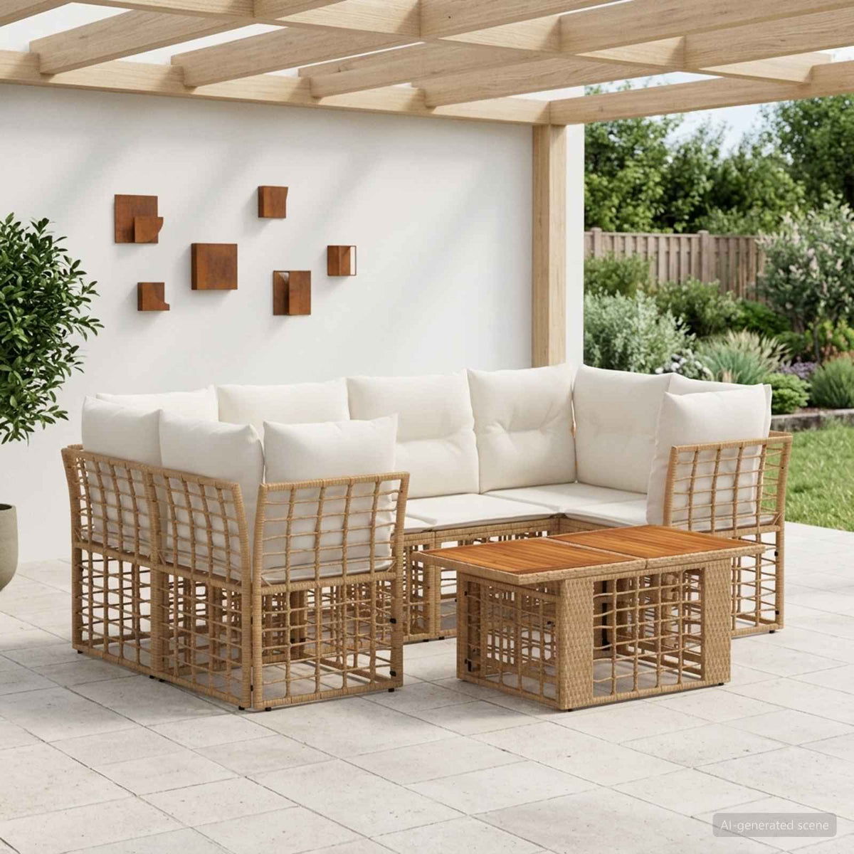 Tuinbankenset 7 st Natuurlijk en Crème Wit poly rattan is nu te koop bij PeponiXL, paradijselijk wonen!