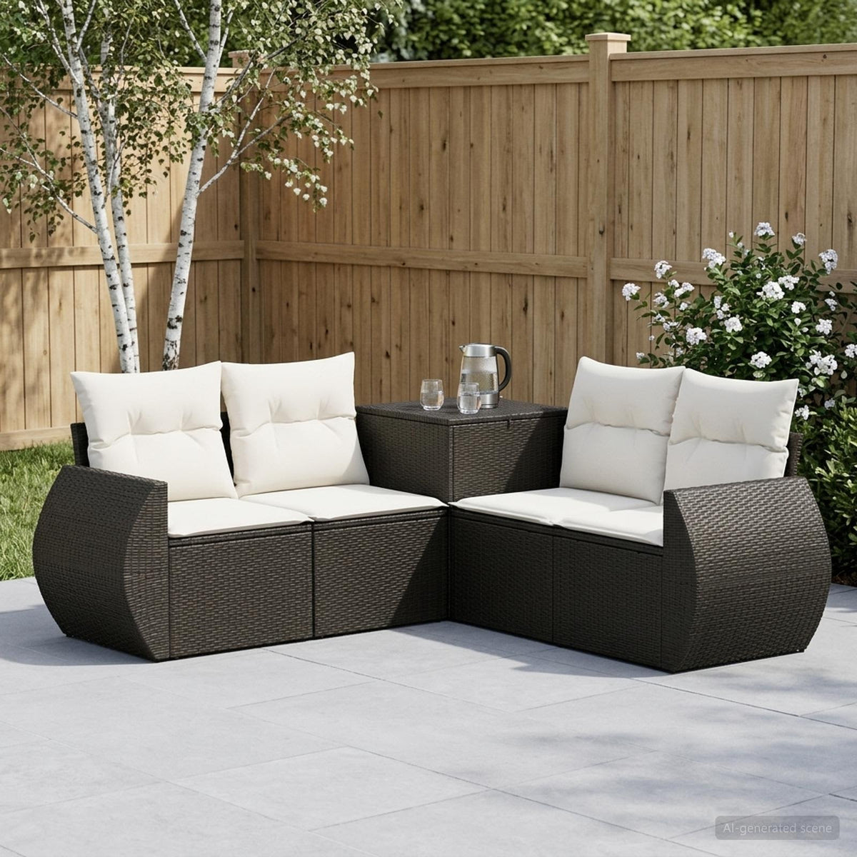 Bankstel 5 st Zwart en Cream Wit Poly Rattan en Staal is nu te koop bij PeponiXL, paradijselijk wonen!