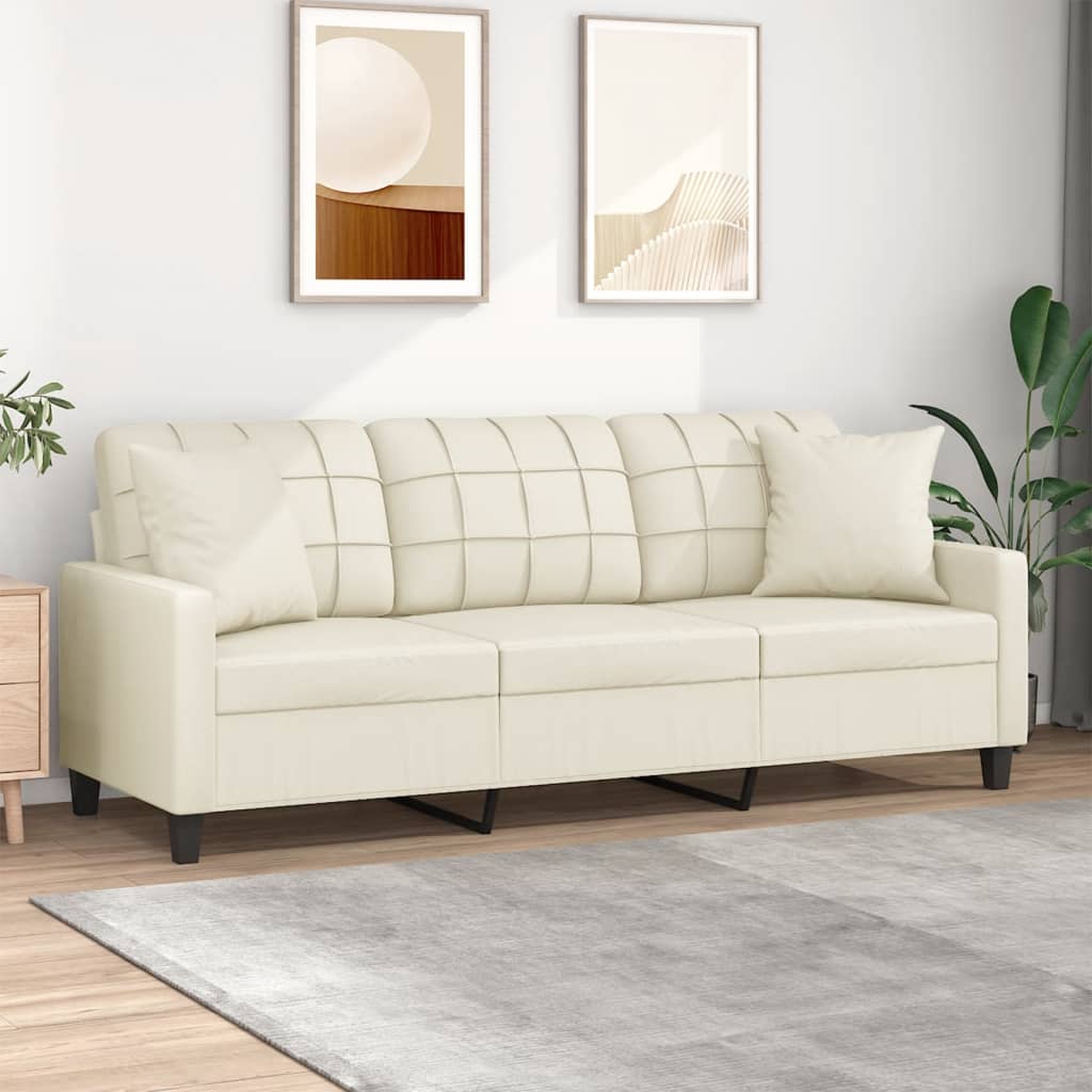Driezitsbank met sierkussens 180 cm kunstleer crèmekleurig is nu te koop bij PeponiXL, paradijselijk wonen!