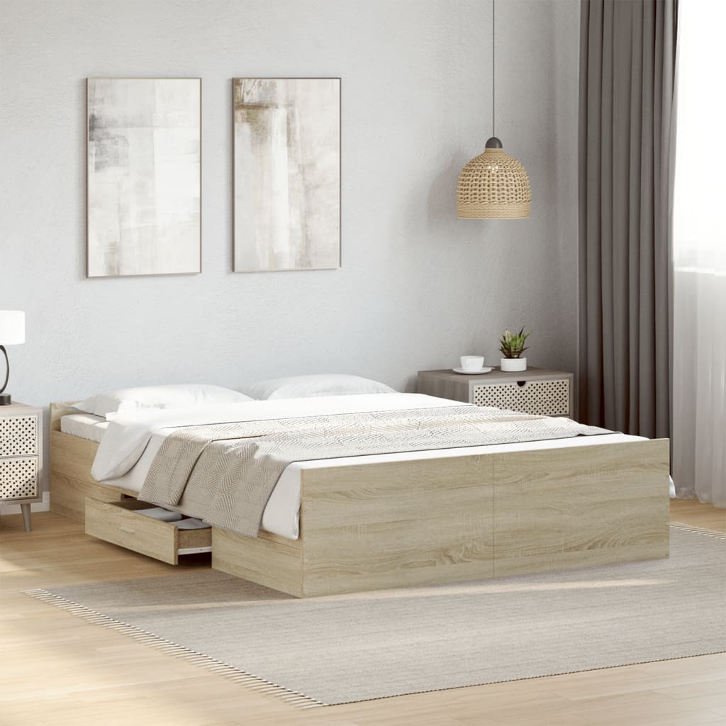 Bedframe met lades bewerkt hout sonoma eikenkleurig 140x190 cm is nu te koop bij PeponiXL, paradijselijk wonen!