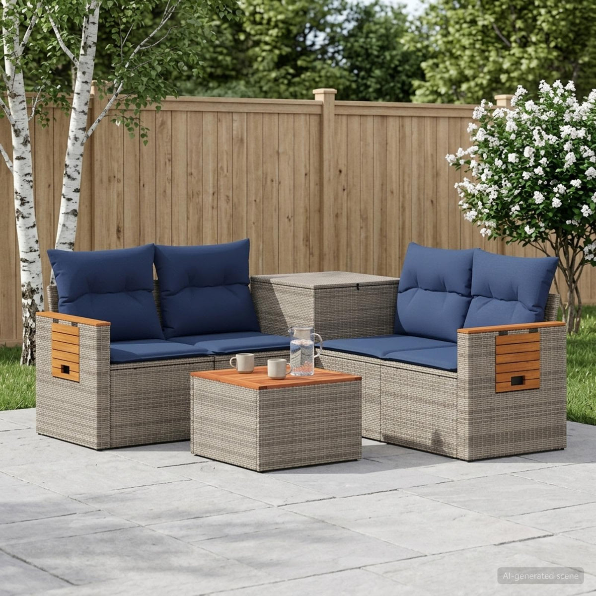 Bankstel 6 st Grijs en Marineblauw Poly Rattan en Staal is nu te koop bij PeponiXL, paradijselijk wonen!
