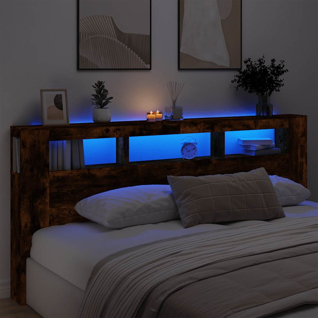 Hoofdeinde met LED 220x18,5x103,5 cm bewerkt hout gerookt eiken is nu te koop bij PeponiXL, paradijselijk wonen!