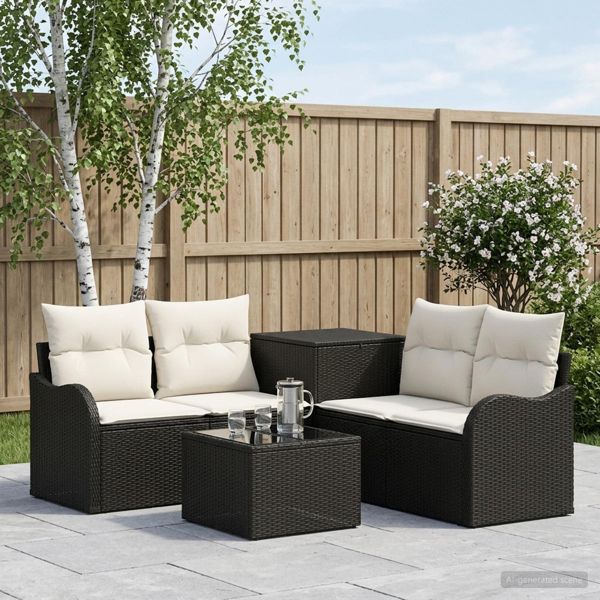 Bankstel 6 st Zwart en Cream Wit Poly Rattan en Staal is nu te koop bij PeponiXL, paradijselijk wonen!