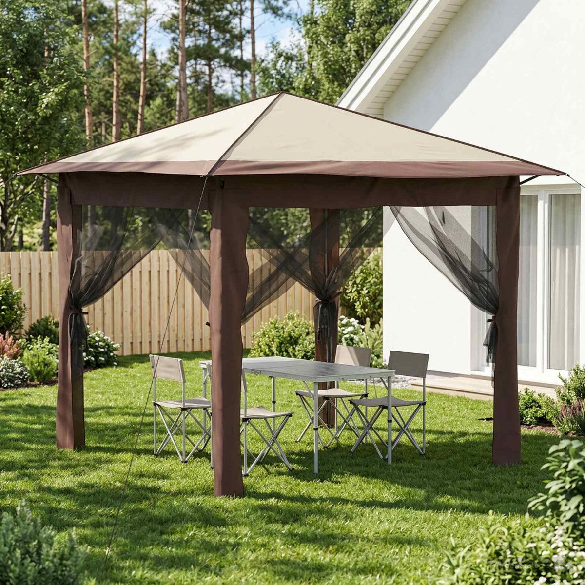 Gazebo met 4 Zijwanden 2,6 x 2,6 m Crème en bruin is nu te koop bij PeponiXL, paradijselijk wonen!