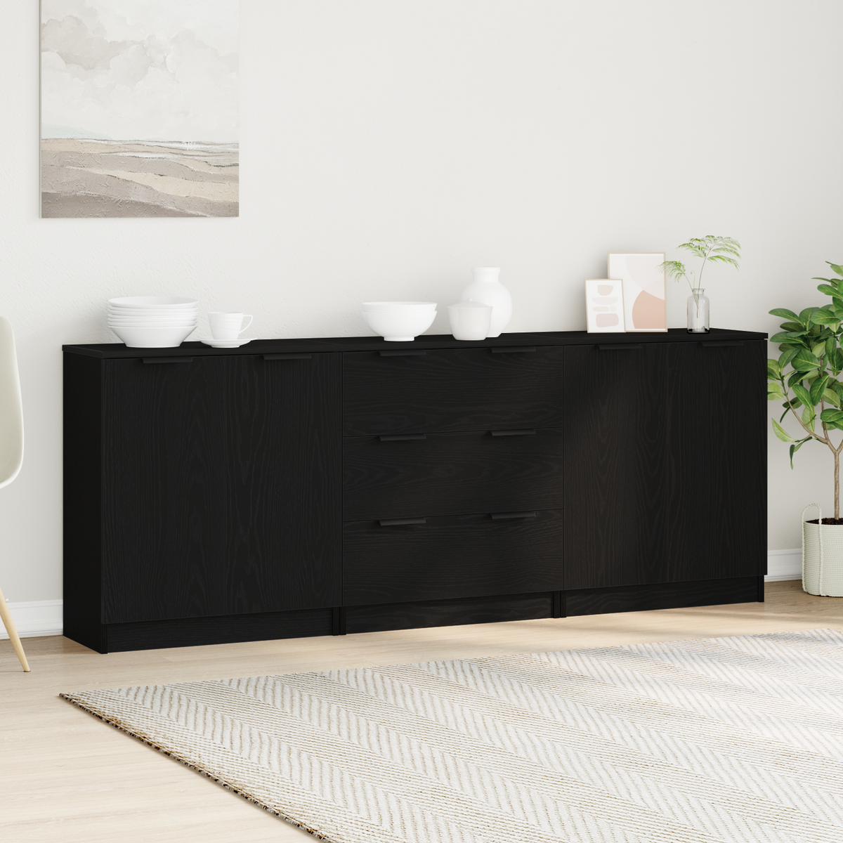 Dressoir 3 st Zwart Eiken 180 x 30 x 70 cm Bewerkt hout is nu te koop bij PeponiXL, paradijselijk wonen!