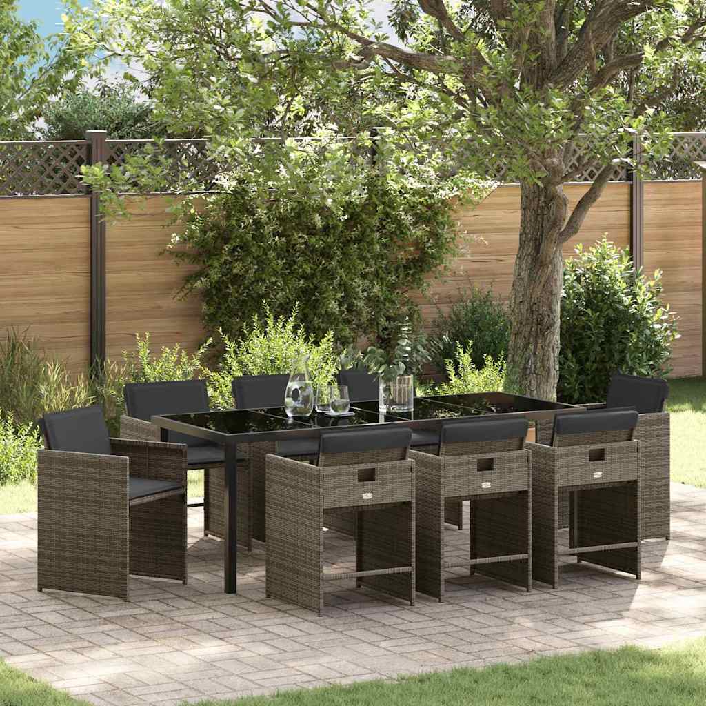 Tuin eettafelset met kussen 9 pcs Grijs poly rattan is nu te koop bij PeponiXL, paradijselijk wonen!