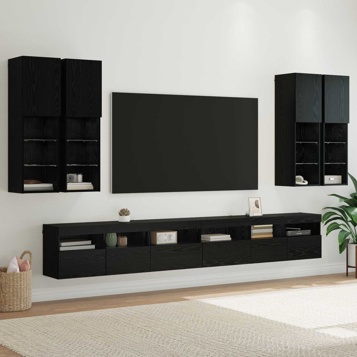 TV Wandkast Set Wandgemonteerd 7 pcs Zwart Eiken Bewerkt hout is nu te koop bij PeponiXL, paradijselijk wonen!