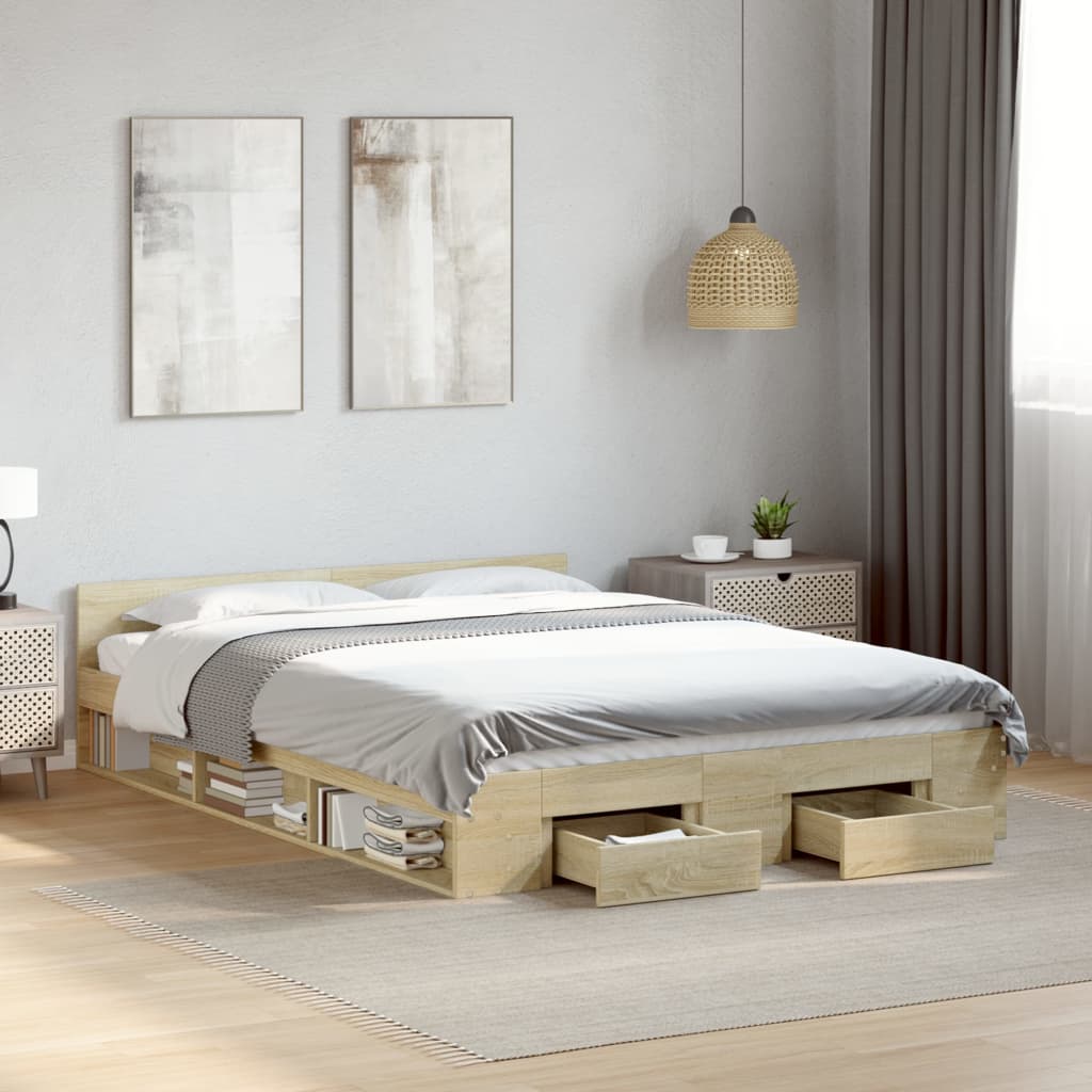 Bedframe met lades bewerkt hout sonoma eikenkleurig 120x200 cm is nu te koop bij PeponiXL, paradijselijk wonen!