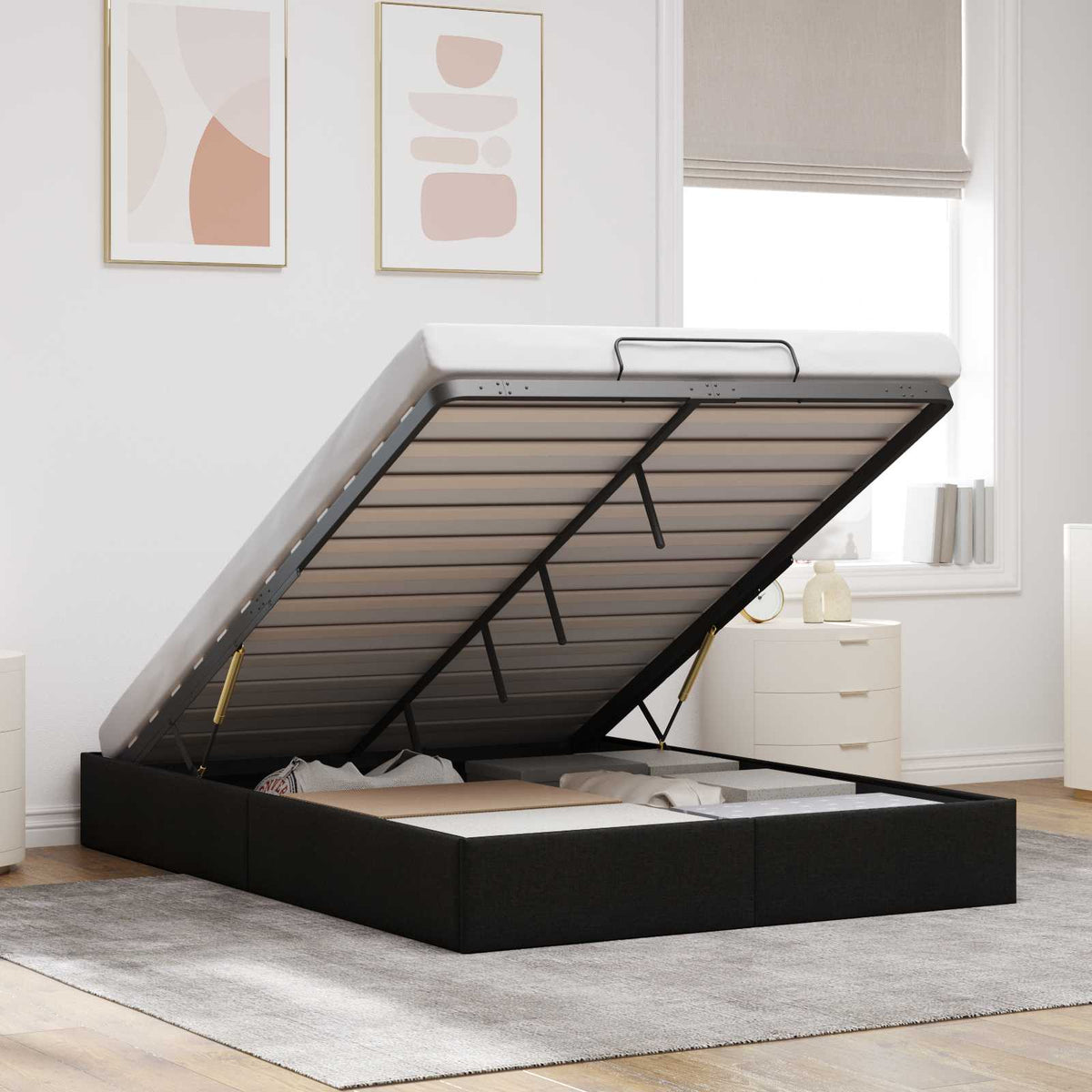 Ottoman Bedframe Zwart 153 x 203 cm Stof is nu te koop bij PeponiXL, paradijselijk wonen!