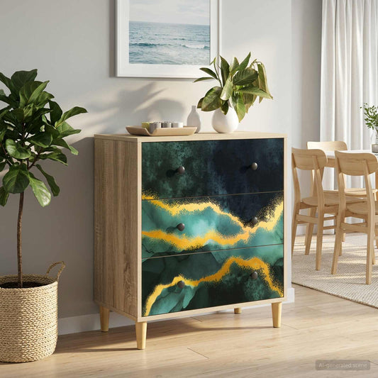 Ladekast WIJHE Teal marmerprint 66 x 36,5 x 75 cm Bewerkt hout is nu te koop bij PeponiXL, paradijselijk wonen!