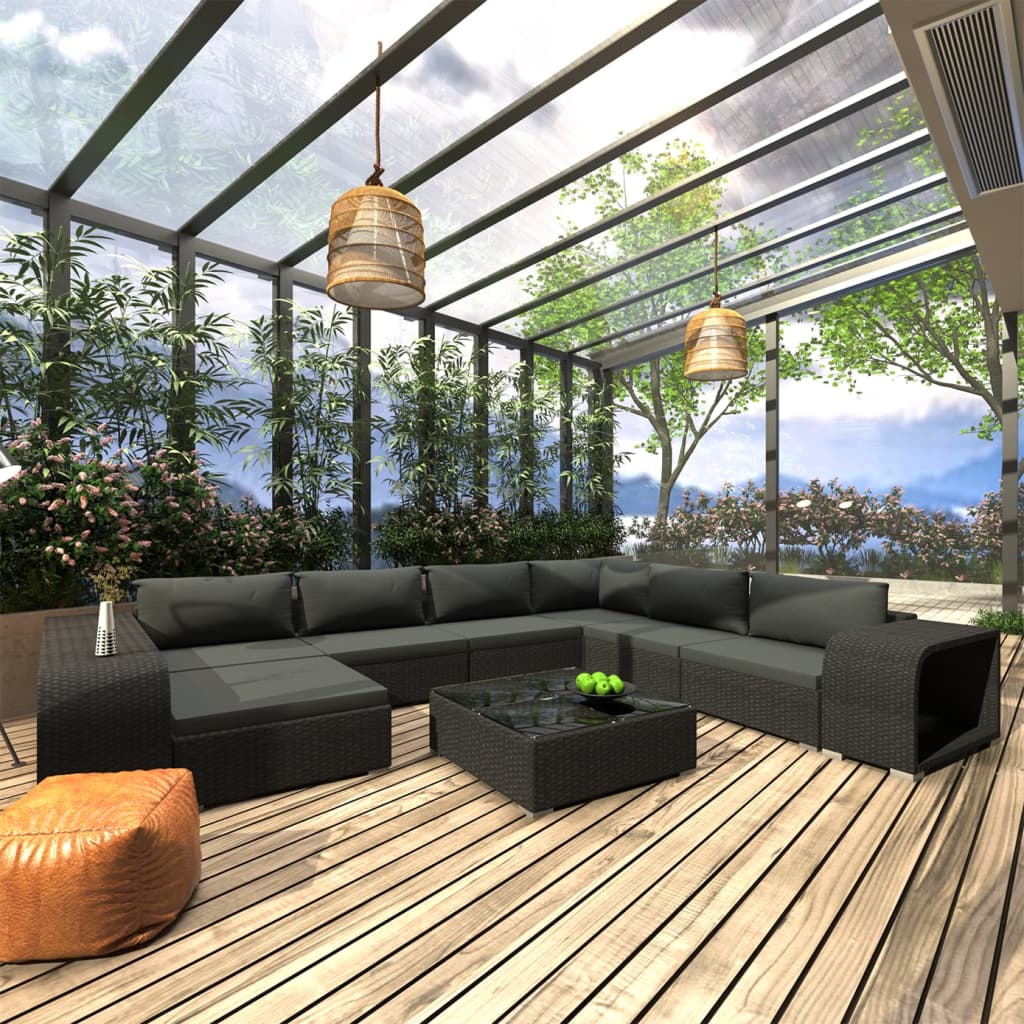 10-delige Loungeset met kussens poly rattan zwart is nu te koop bij PeponiXL, paradijselijk wonen!