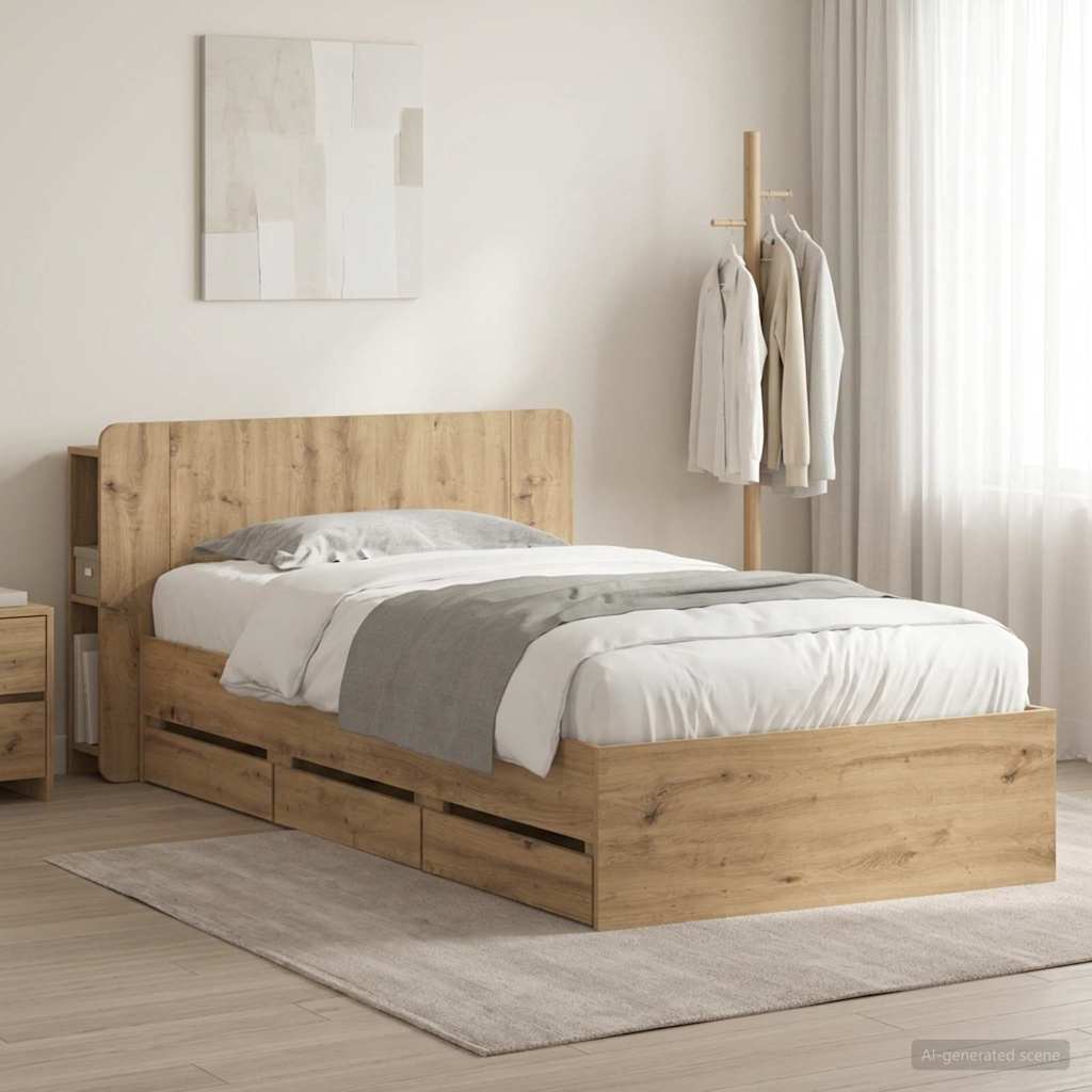 Bedframe met opslag Artisanaal eiken 80 x 200 cm Bewerkt hout is nu te koop bij PeponiXL, paradijselijk wonen!