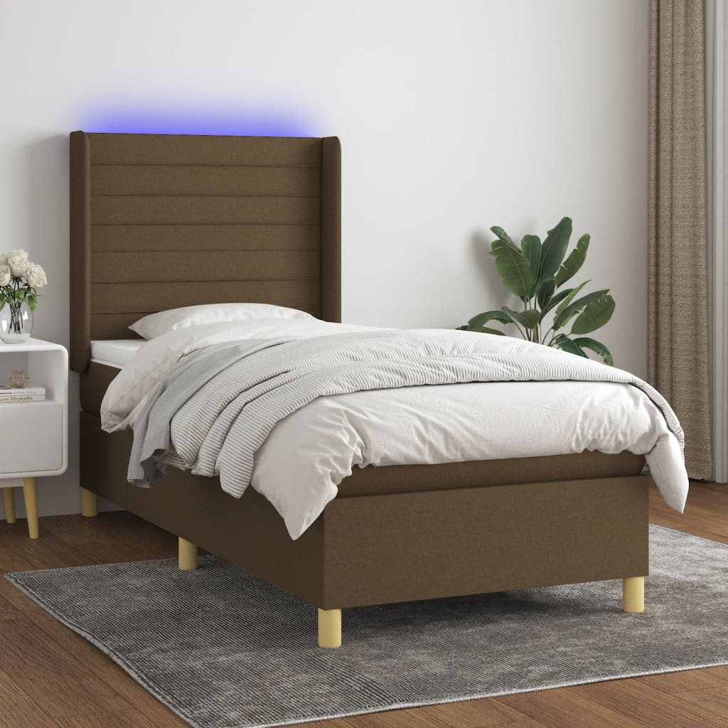 Boxspring met matras en LED stof donkerbruin 90x190 cm is nu te koop bij PeponiXL, paradijselijk wonen!