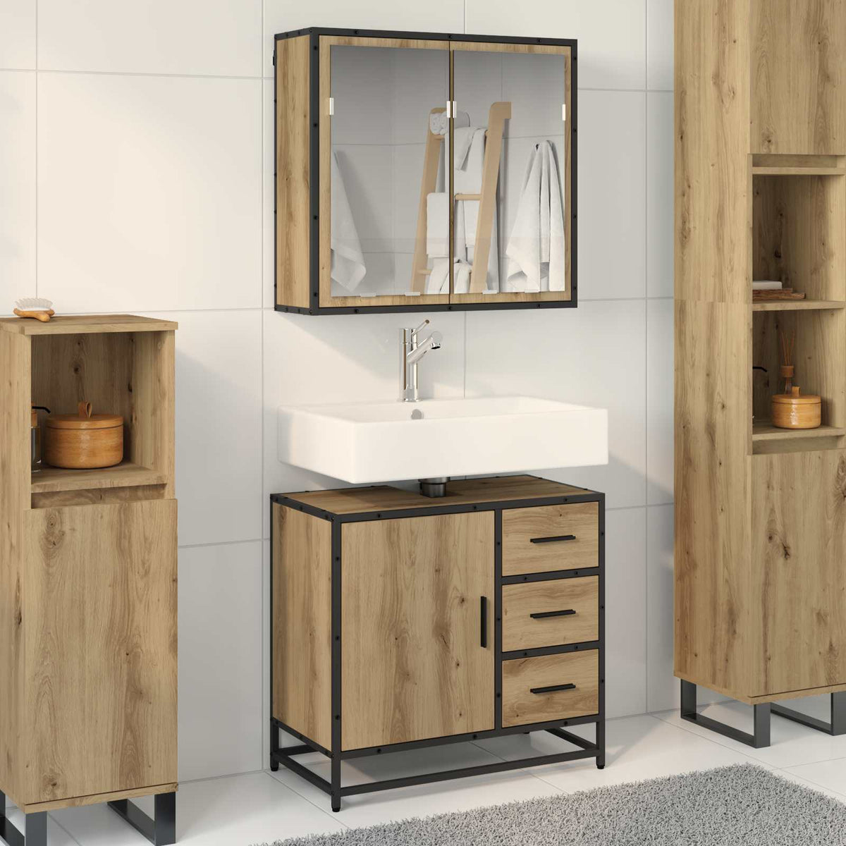 Badkamermeubelset met lade 2 pcs Artisan Eiken Bewerkt hout is nu te koop bij PeponiXL, paradijselijk wonen!