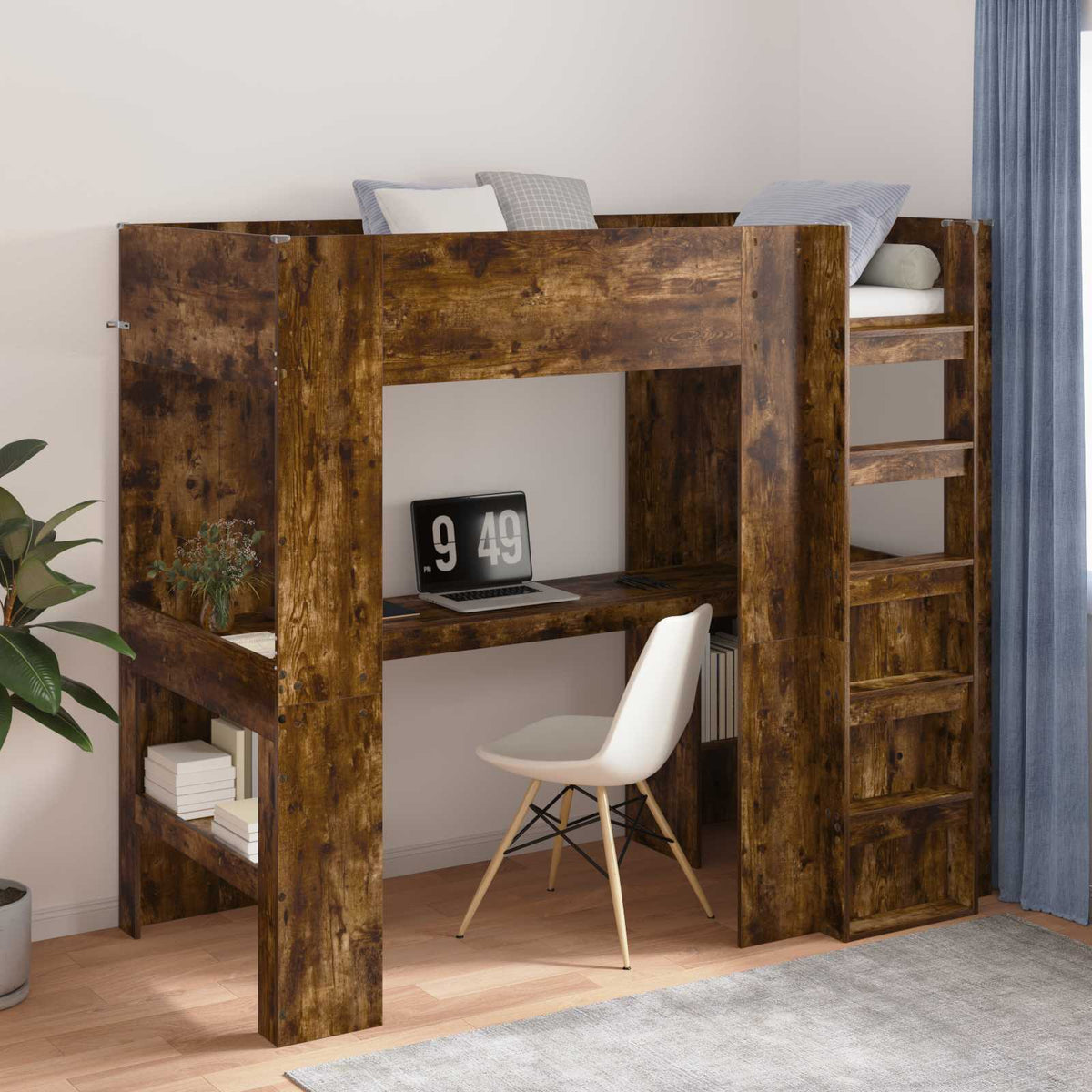 Loft Bedframe met Bureau met opslag Gerookt eiken 100 x 200 cm is nu te koop bij PeponiXL, paradijselijk wonen!