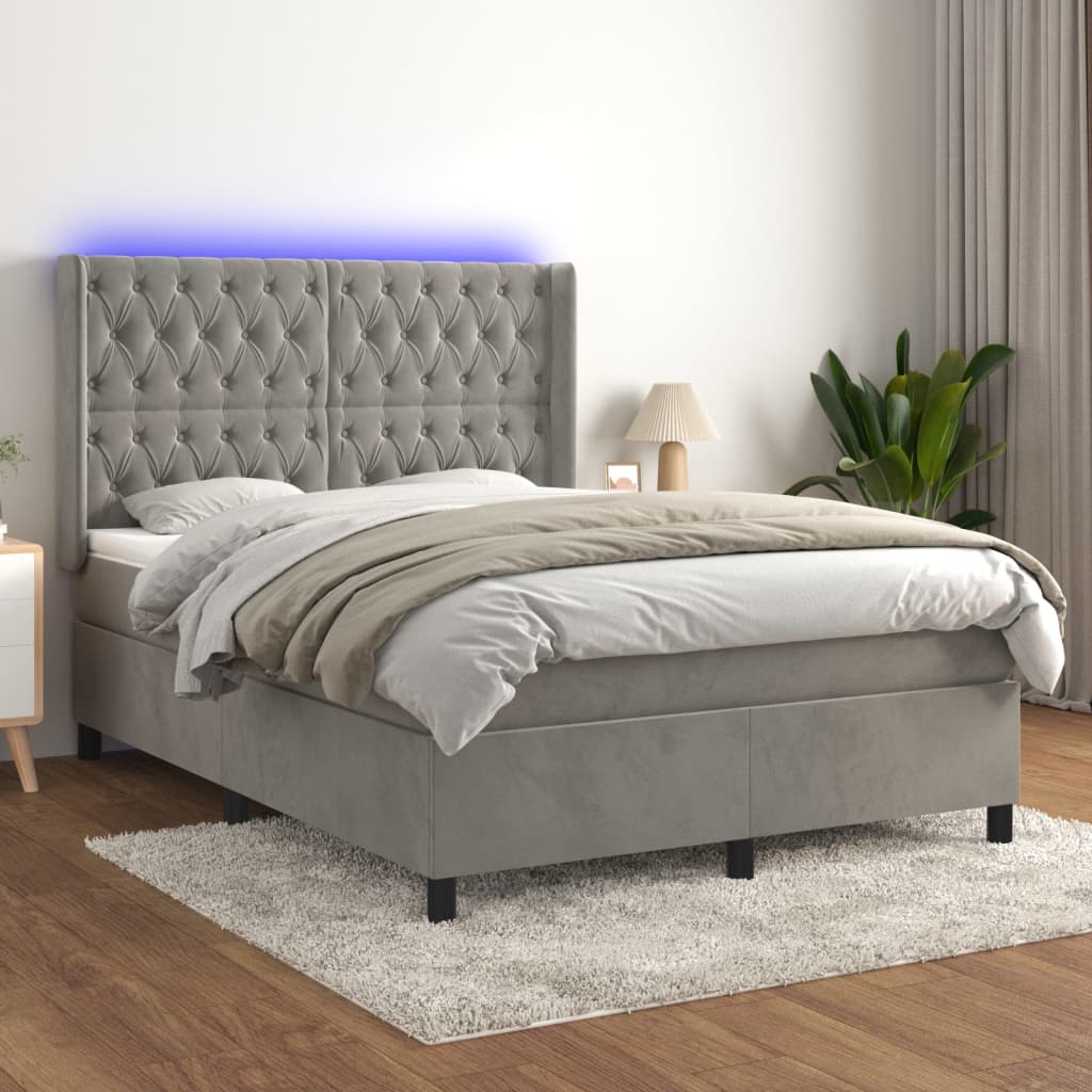 Boxspring met matras en LED fluweel lichtgrijs 140x190 cm is nu te koop bij PeponiXL, paradijselijk wonen!