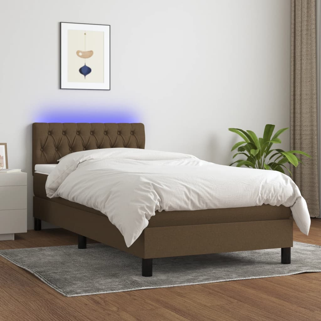 Boxspring met matras en LED stof donkerbruin 90x190 cm is nu te koop bij PeponiXL, paradijselijk wonen!