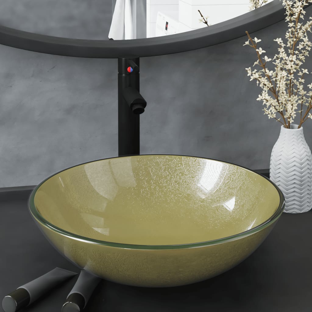 Wastafel met kraan en pop-up afvoer gehard glas goudkleurig is nu te koop bij PeponiXL, paradijselijk wonen!