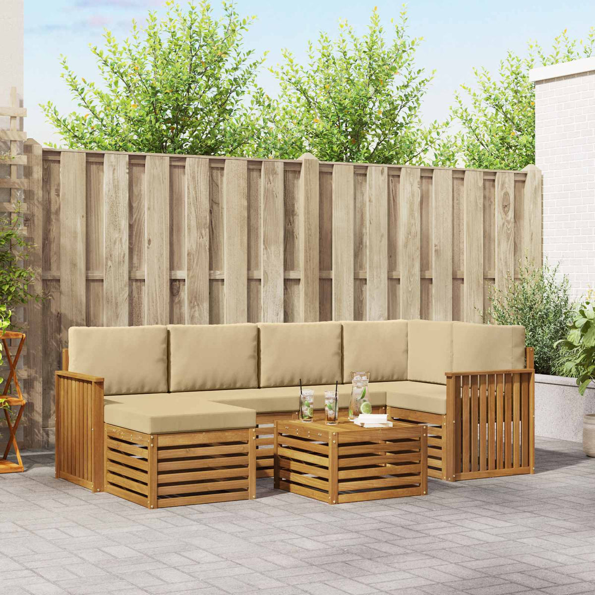 Hoekbank Set 7 pcs Natuurlijk en Beige Massief Acaciahout is nu te koop bij PeponiXL, paradijselijk wonen!