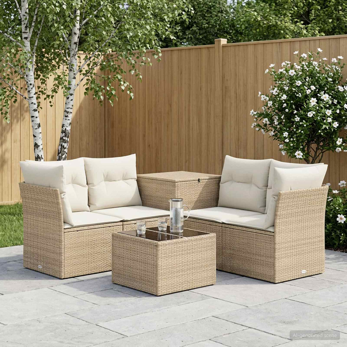 Bankstel 6 st Beige en Crème Wit Poly Rattan en Staal is nu te koop bij PeponiXL, paradijselijk wonen!