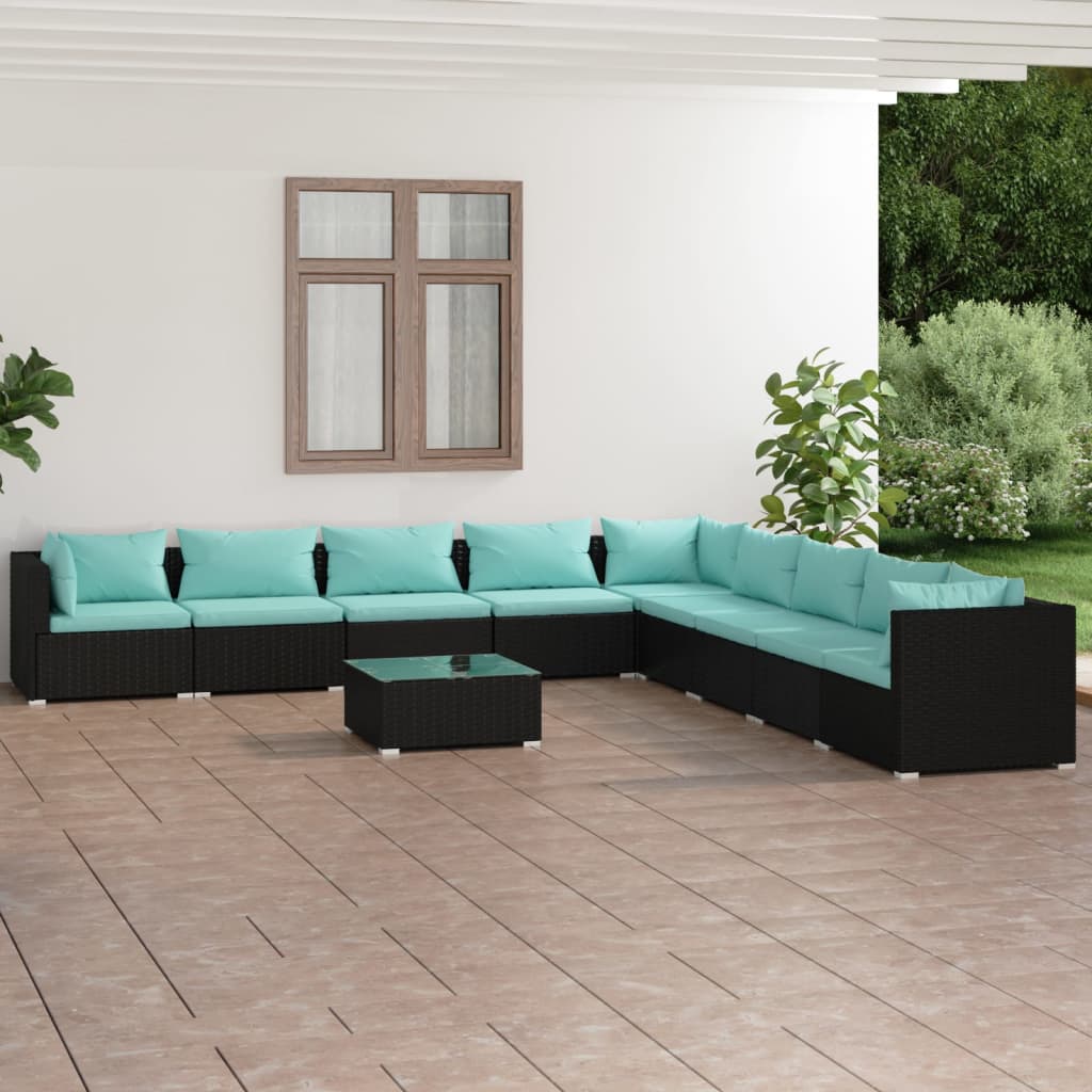 10-delige Loungeset met kussens poly rattan zwart is nu te koop bij PeponiXL, paradijselijk wonen!