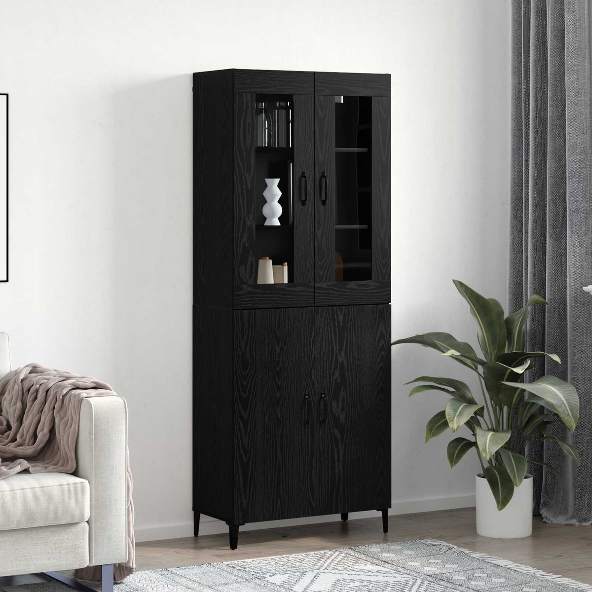 Hoge kast 2 pcs Zwart Eiken Bewerkt hout is nu te koop bij PeponiXL, paradijselijk wonen!