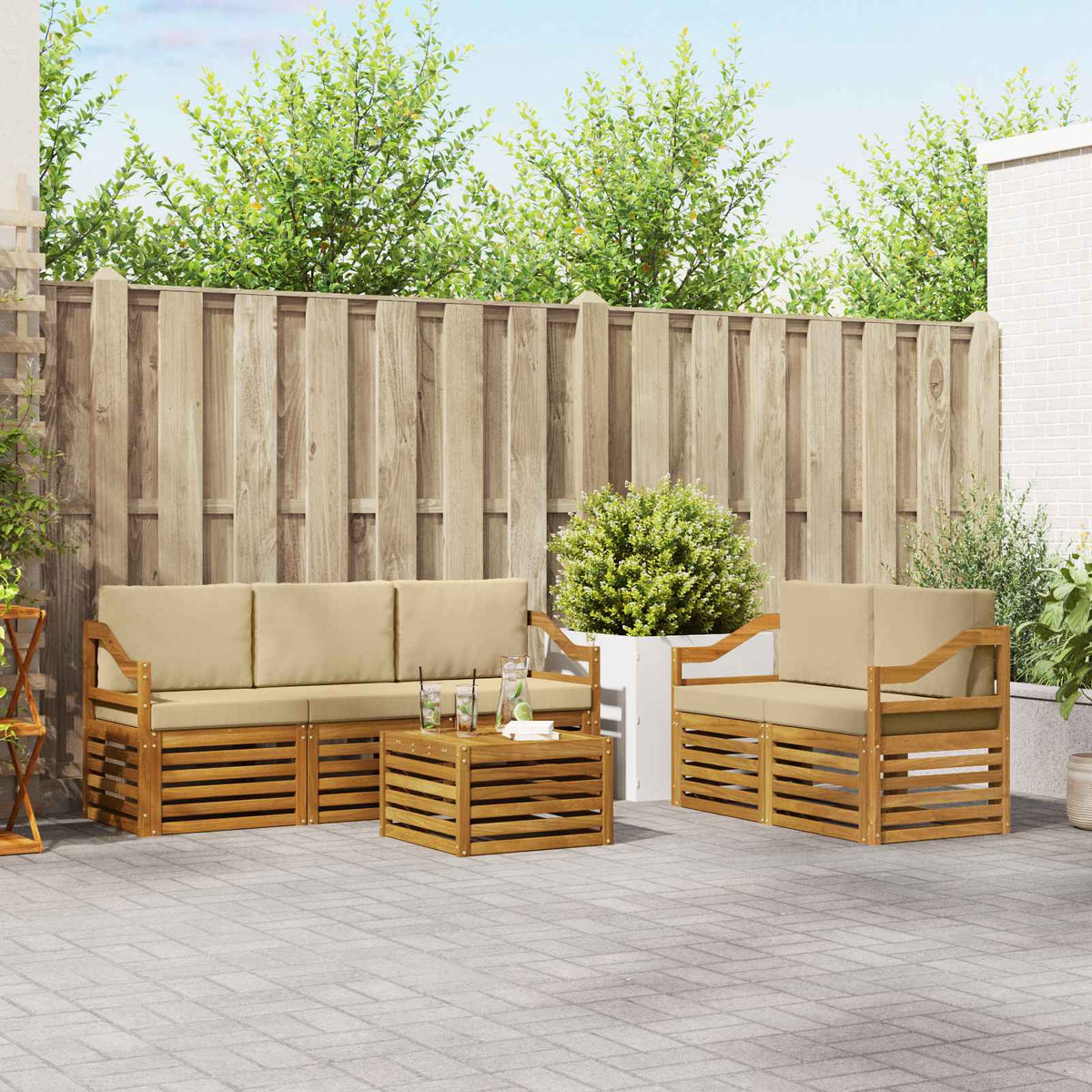 Sofa-Sets 6 pcs Natuurlijk en Beige Massief Acaciahout is nu te koop bij PeponiXL, paradijselijk wonen!