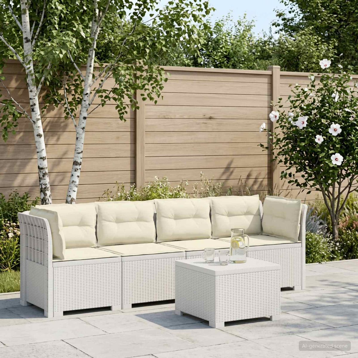 4-Persoons Tuin Sofa met Kussens Rieten Look PP Wit is nu te koop bij PeponiXL, paradijselijk wonen!