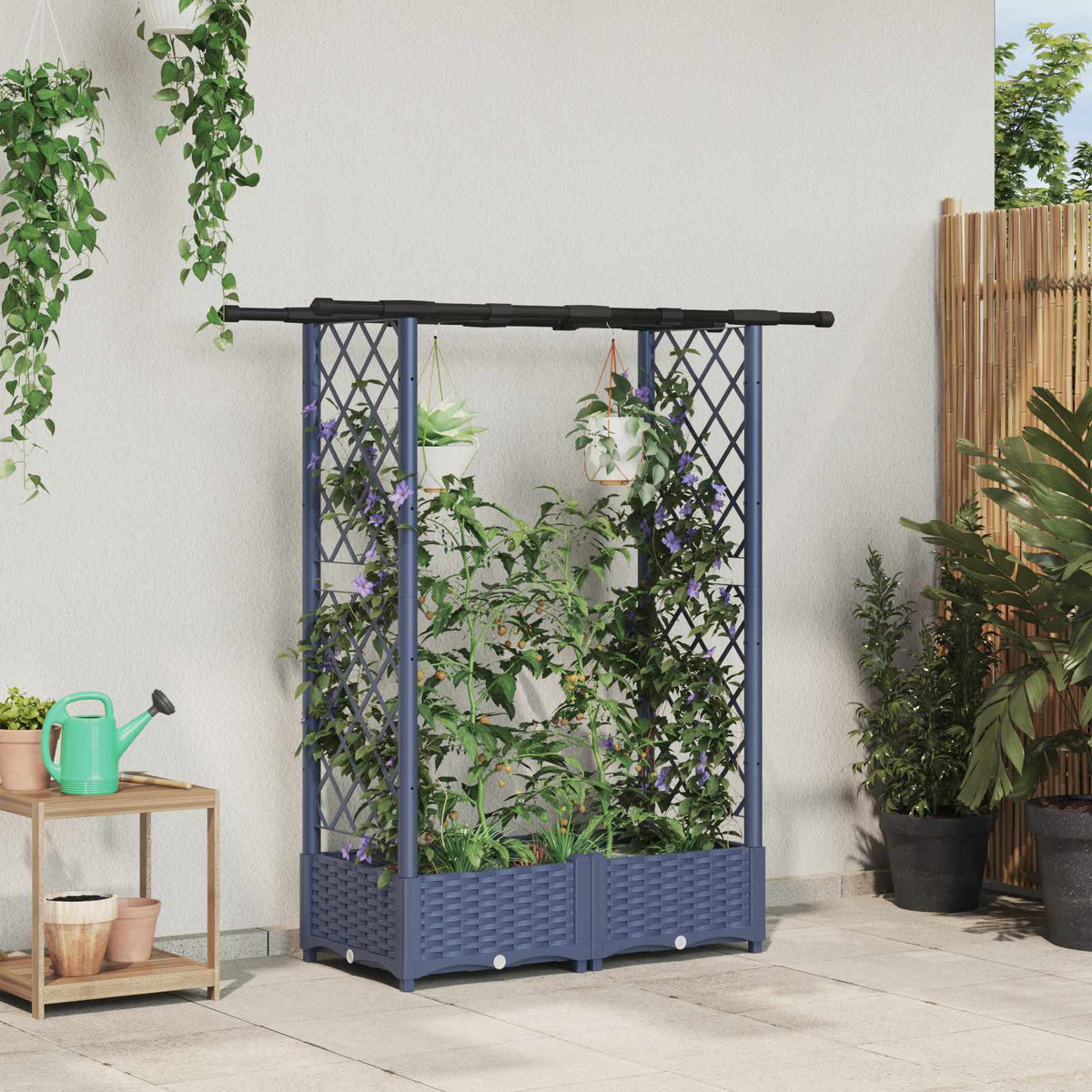Verhoogd Bed met Trellis en Dak Grijs 122,5 x 40 x 121 cm PP is nu te koop bij PeponiXL, paradijselijk wonen!