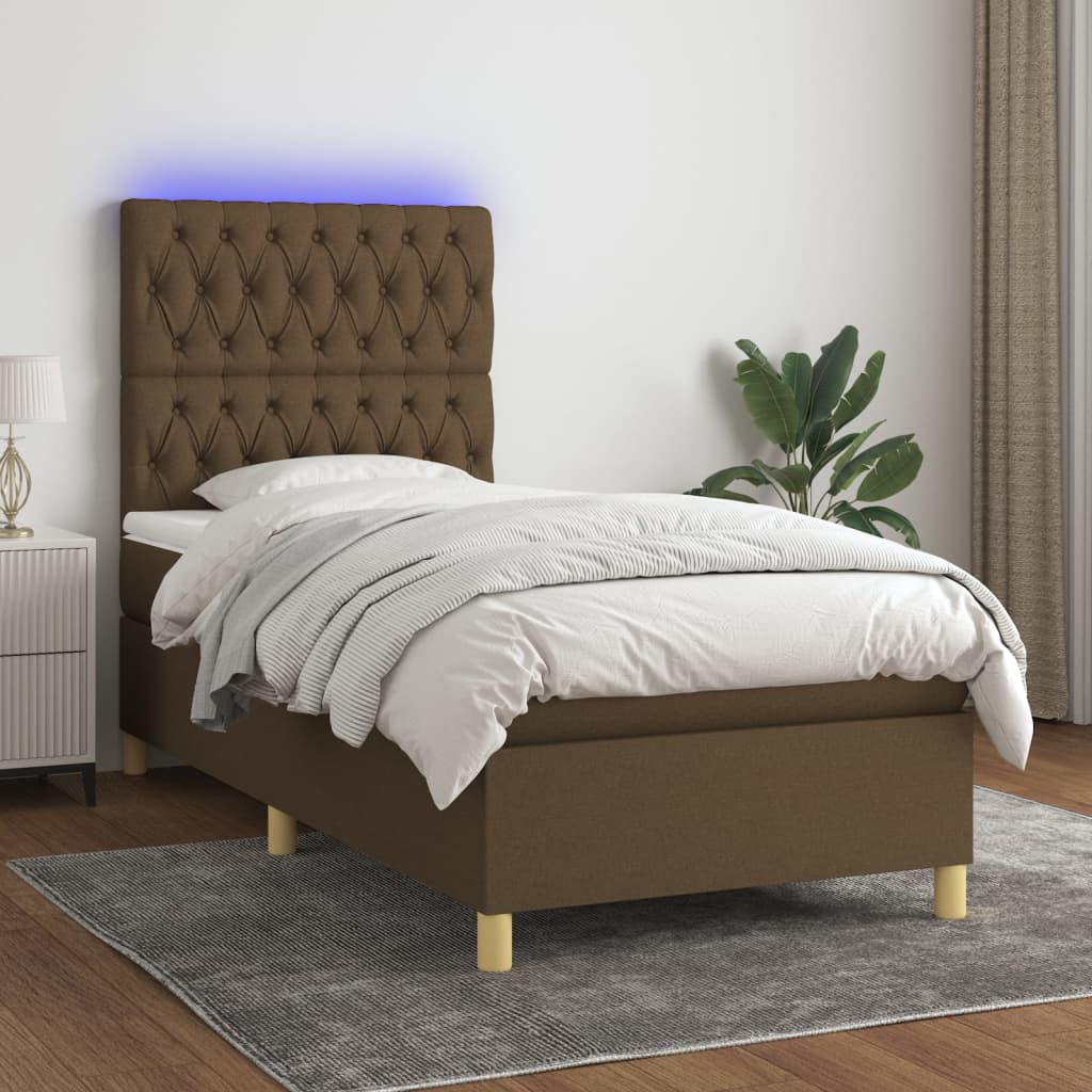 Boxspring met matras en LED stof donkerbruin 90x190 cm is nu te koop bij PeponiXL, paradijselijk wonen!