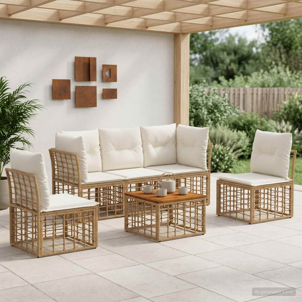 Buiten bankenset 6 pcs Natuurlijk en Crème Wit Polyester is nu te koop bij PeponiXL, paradijselijk wonen!
