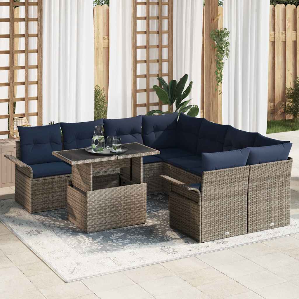 Tuin Sofa Set met kussen met opslag 9 pcs Grijs Poly Rattan is nu te koop bij PeponiXL, paradijselijk wonen!