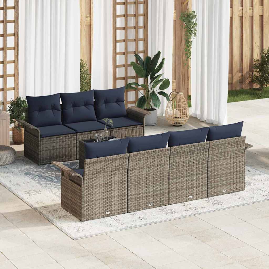 Tuin Sofa Set met kussen 8 pcs Grijs en Marineblauw poly rattan is nu te koop bij PeponiXL, paradijselijk wonen!