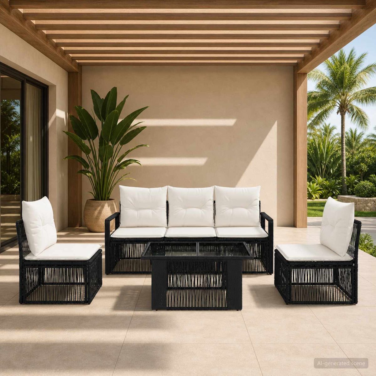 Tuinbankenset 6 st Zwart en Cream Wit poly rattan is nu te koop bij PeponiXL, paradijselijk wonen!