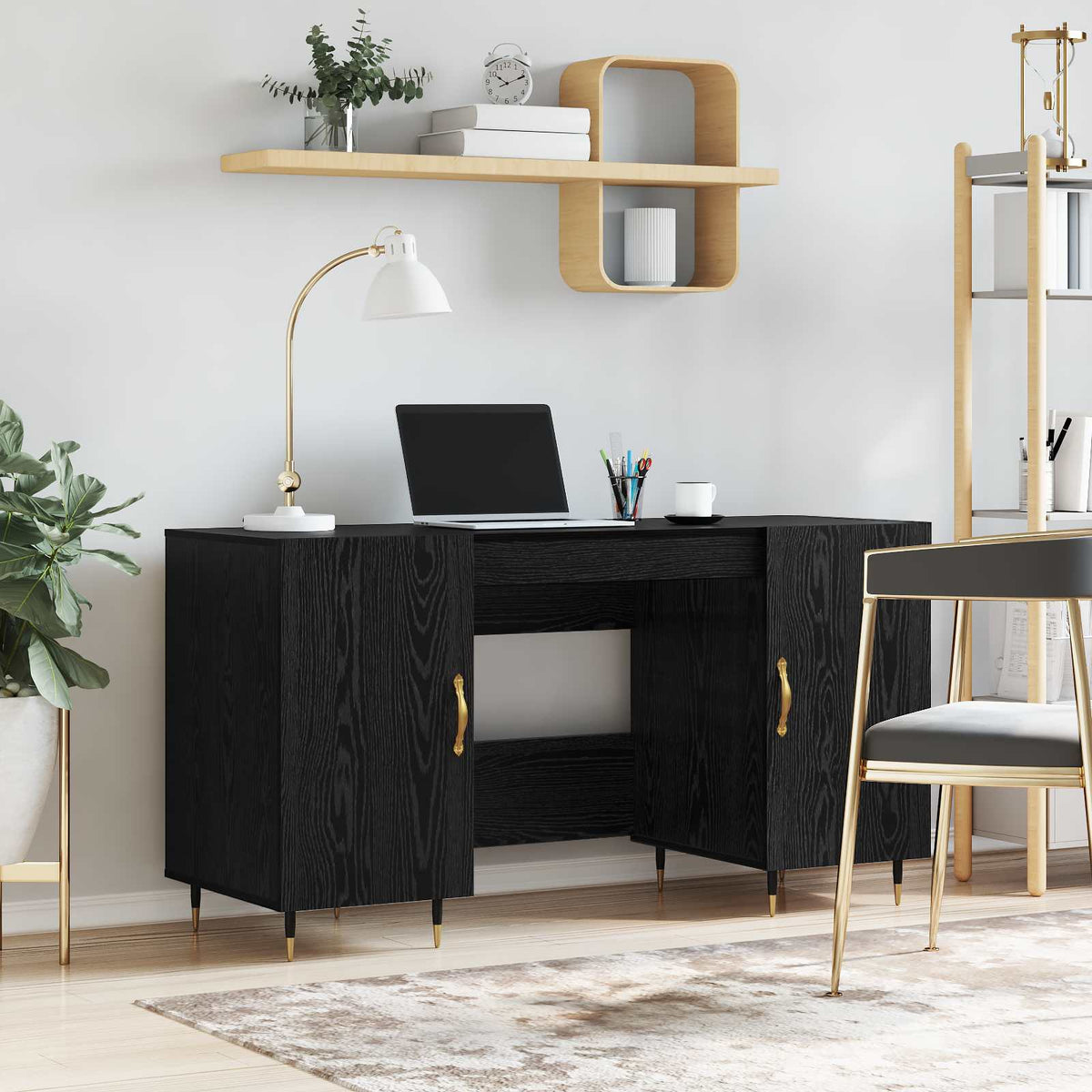 Bureau met plank Zwart eiken 140 x 50 x 75 cm Bewerkt hout is nu te koop bij PeponiXL, paradijselijk wonen!