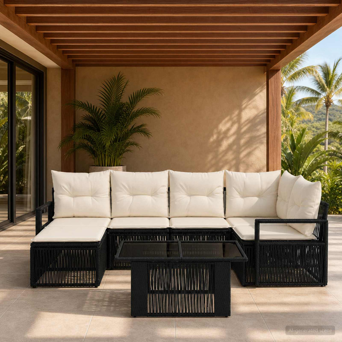 Tuinbankenset 7 st Zwart en Cream Wit poly rattan is nu te koop bij PeponiXL, paradijselijk wonen!