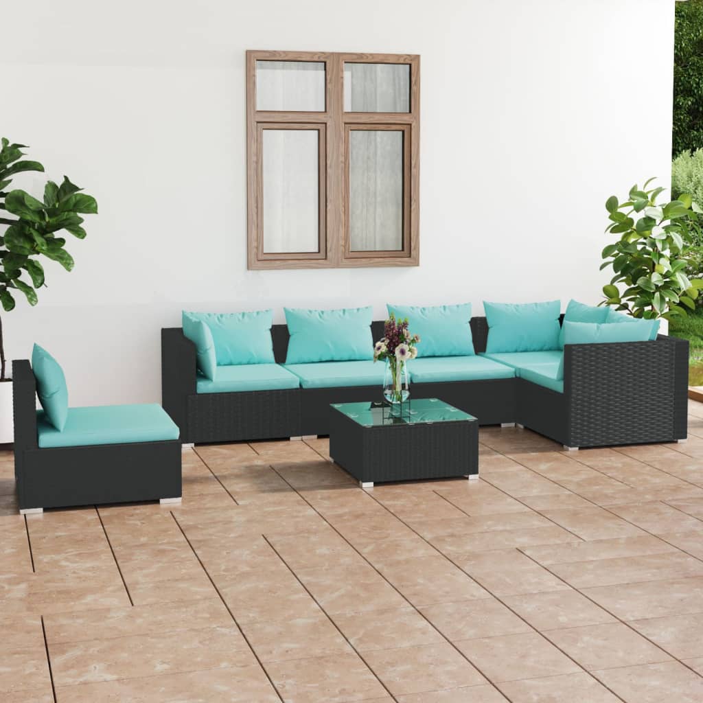 7-delige Loungeset met kussens poly rattan zwart is nu te koop bij PeponiXL, paradijselijk wonen!