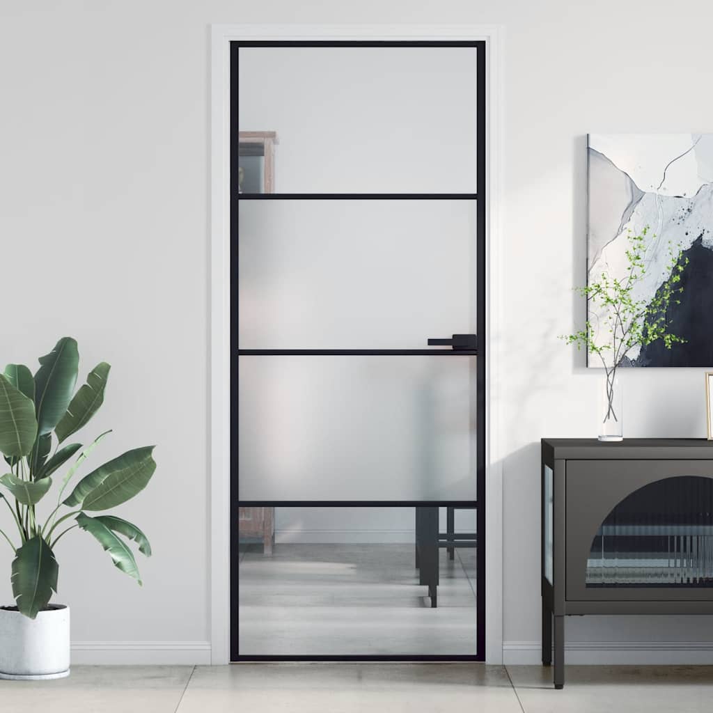 Binnendeur smal 83x201,5 cm gehard glas en aluminium zwart is nu te koop bij PeponiXL, paradijselijk wonen!