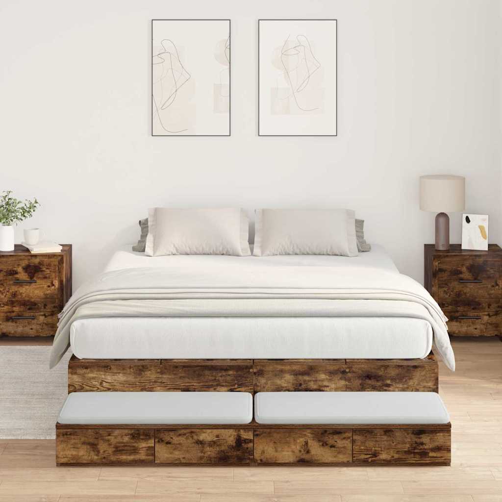 Opbergbedframe met lade Gerookt eiken 140 cm Bewerkt hout is nu te koop bij PeponiXL, paradijselijk wonen!