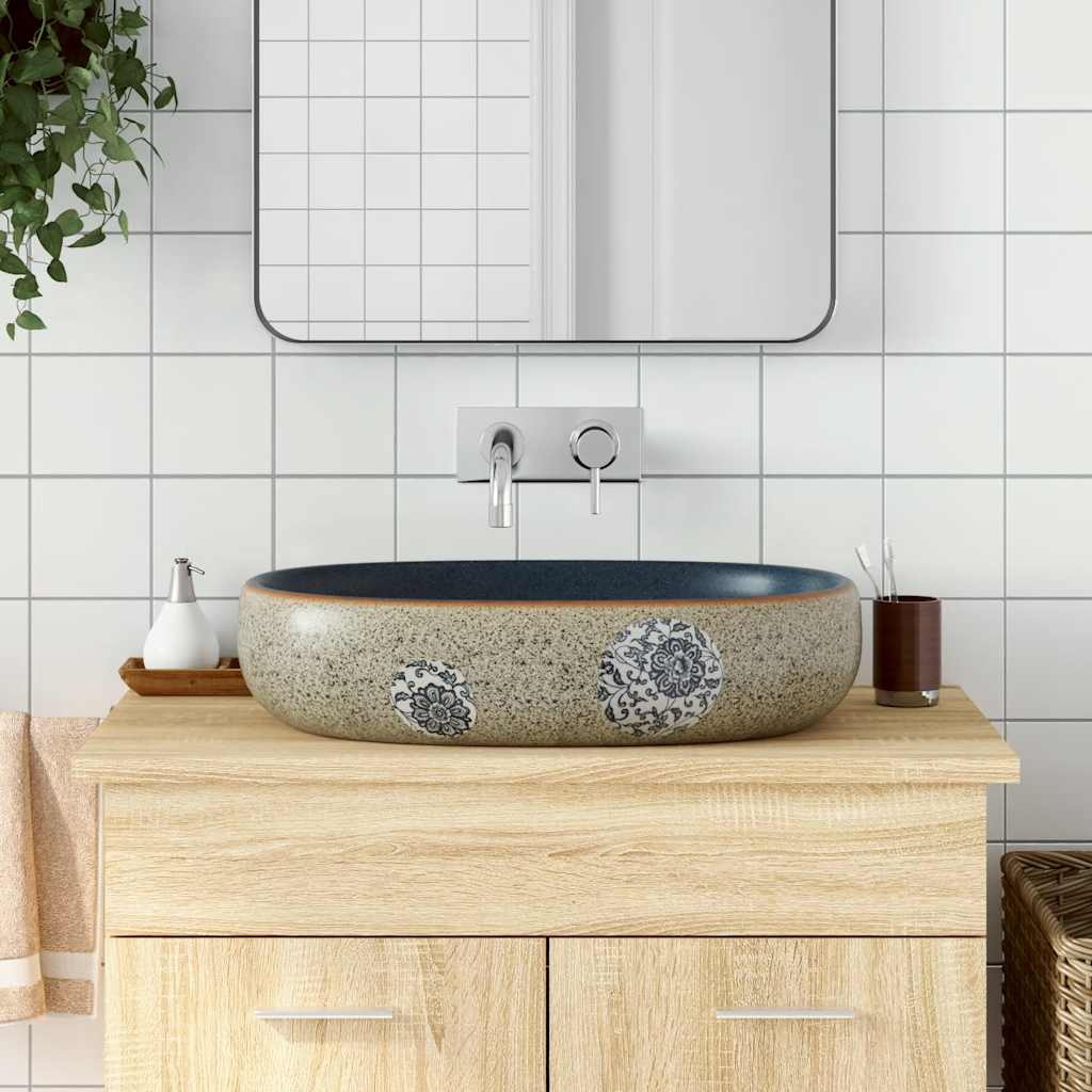Opzetwasbak ovaal 59x40x14 cm keramiek zandkleurig en blauw is nu te koop bij PeponiXL, paradijselijk wonen!