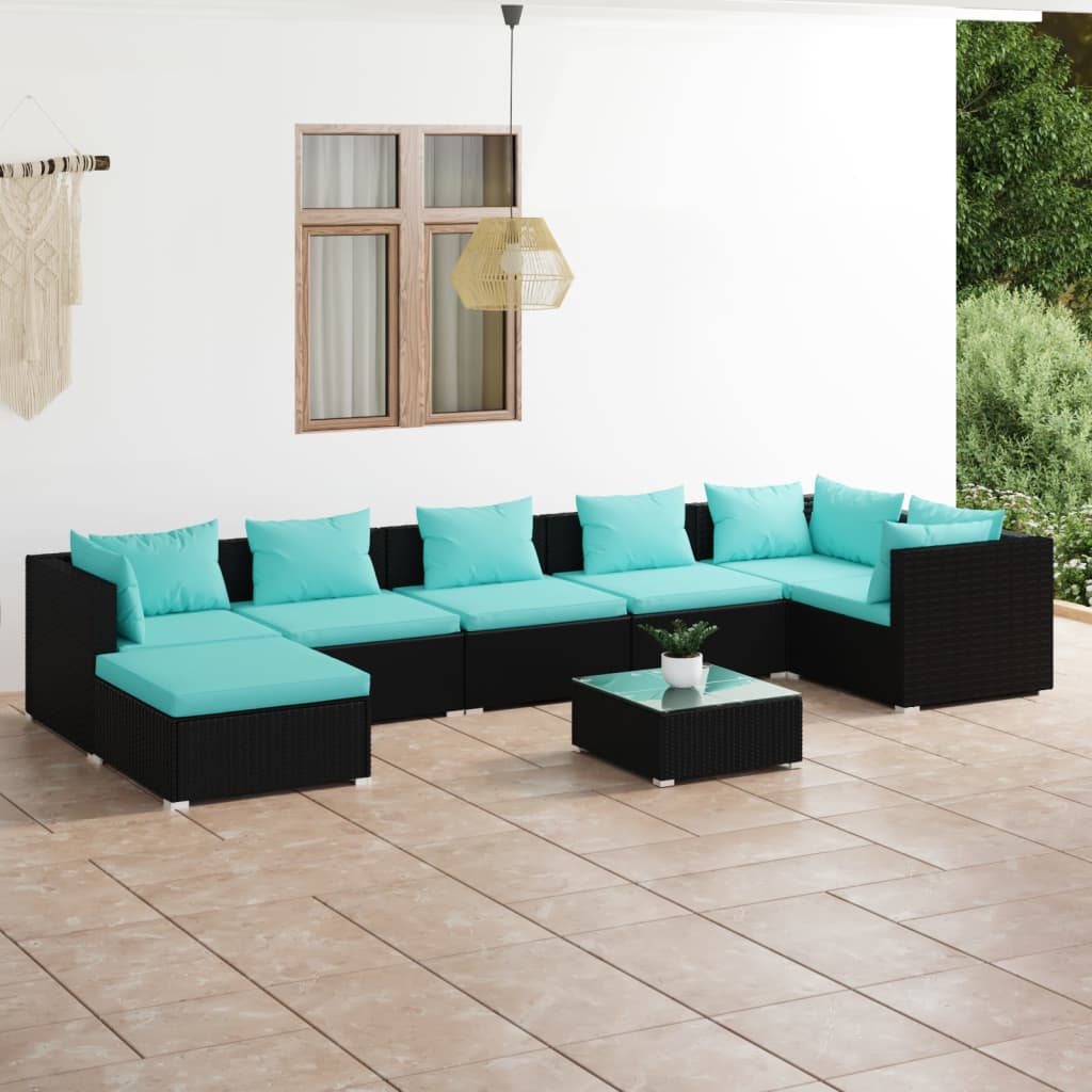 8-delige Loungeset met kussens poly rattan zwart is nu te koop bij PeponiXL, paradijselijk wonen!