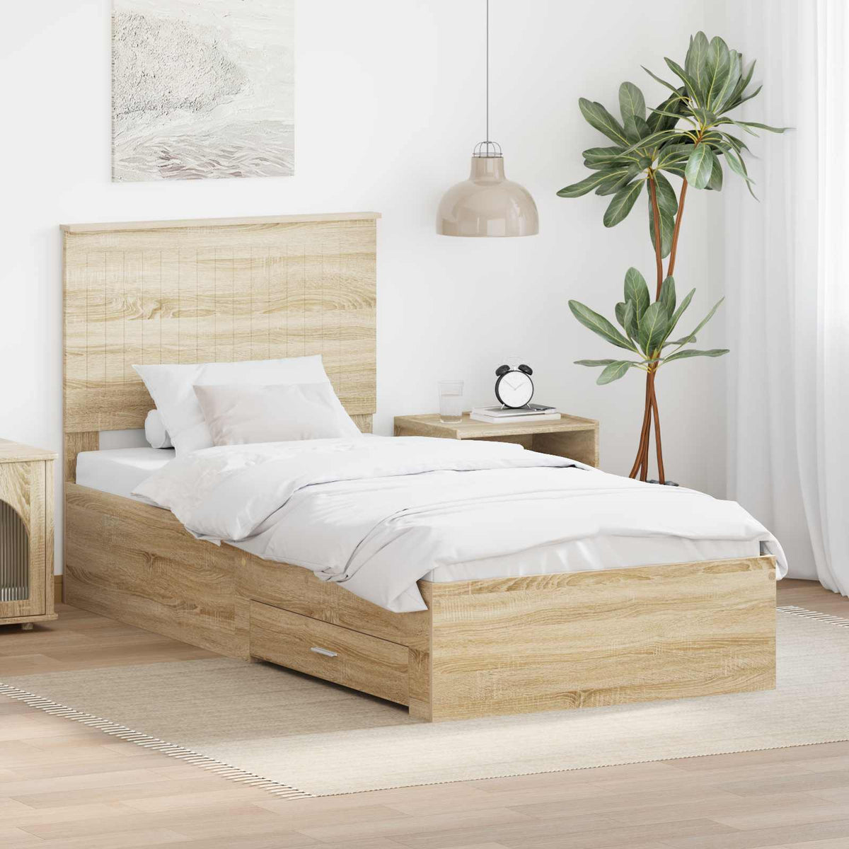 Bedframe met hoofdeinde Sonoma Eiken 90 x 190 cm Bewerkt hout is nu te koop bij PeponiXL, paradijselijk wonen!