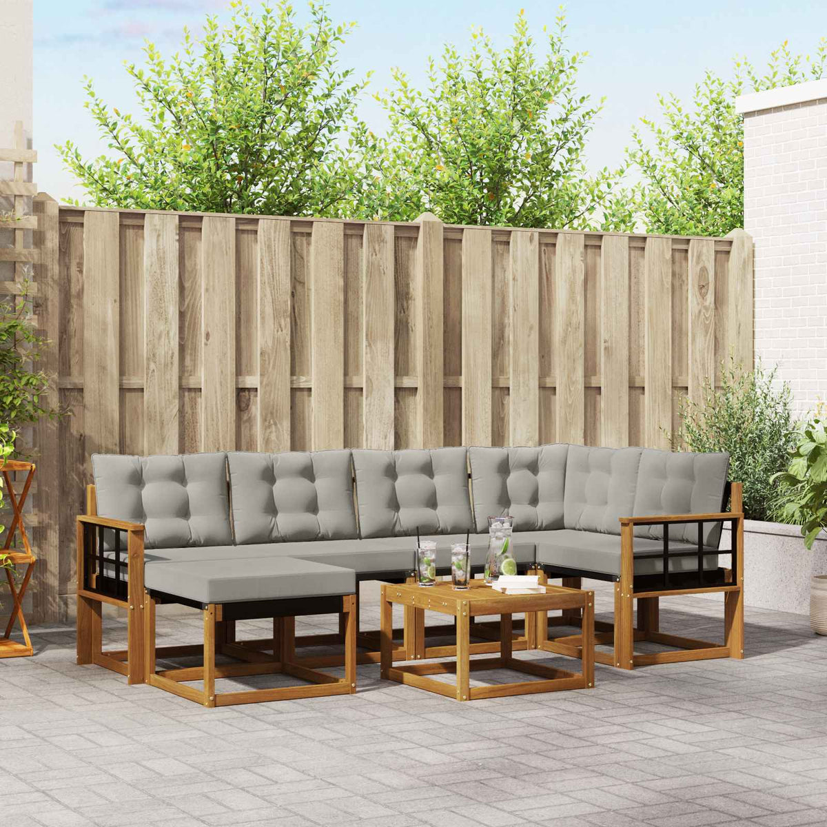 Buiten bankenset met kussen 7 pcs Natuurlijk en Lichtgrijs is nu te koop bij PeponiXL, paradijselijk wonen!