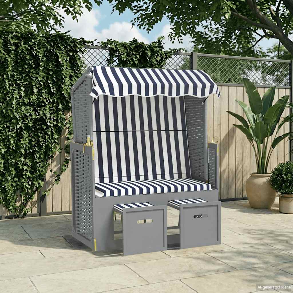 Strandstoel met luifel poly rattan en massief hout blauw en wit is nu te koop bij PeponiXL, paradijselijk wonen!