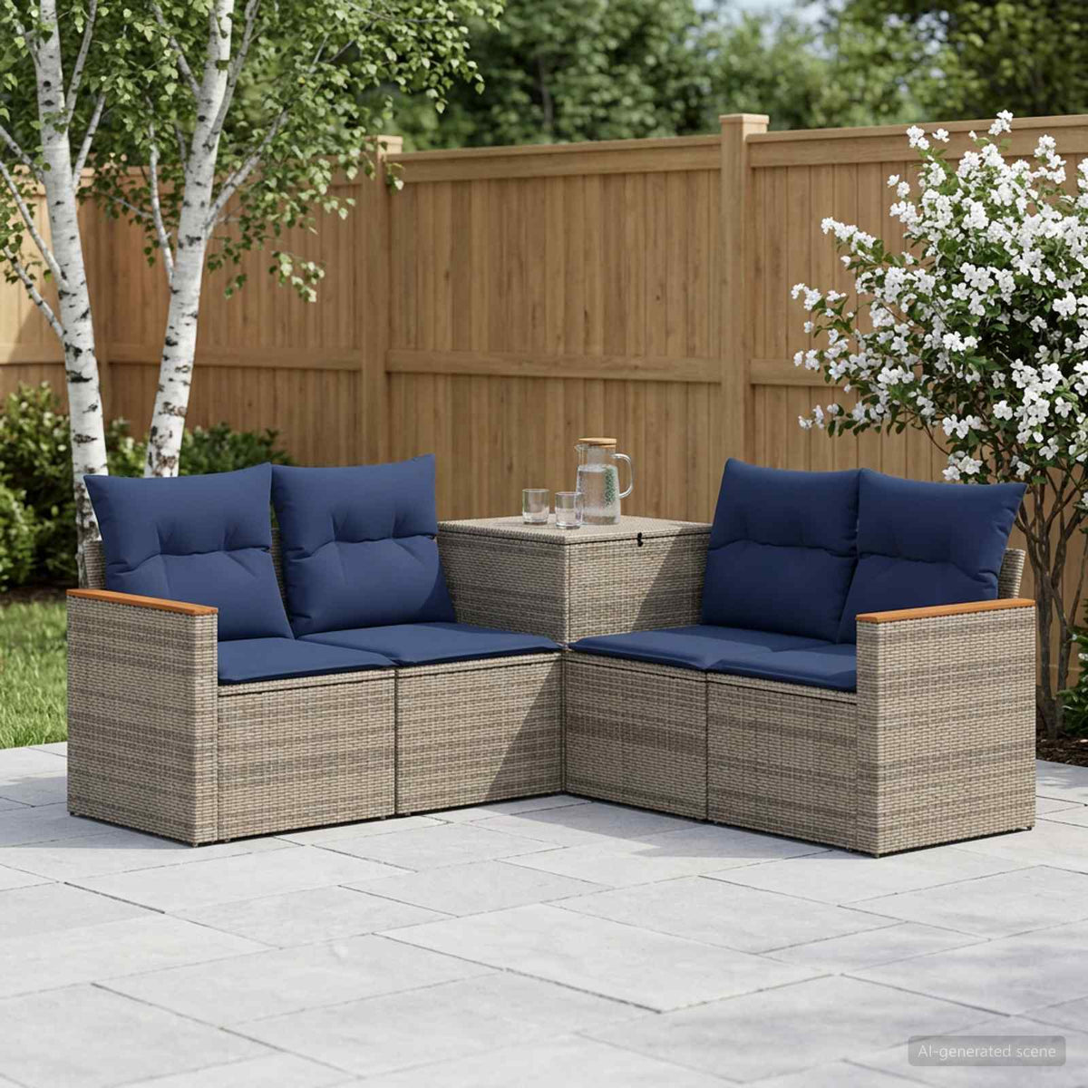 Bankstel 5 st Grijs en Marineblauw Poly Rattan en Staal is nu te koop bij PeponiXL, paradijselijk wonen!