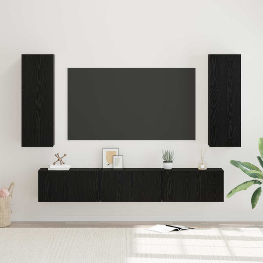 Tv-meubelset Wandgemonteerd 5 pcs Zwart Eiken Bewerkt hout is nu te koop bij PeponiXL, paradijselijk wonen!