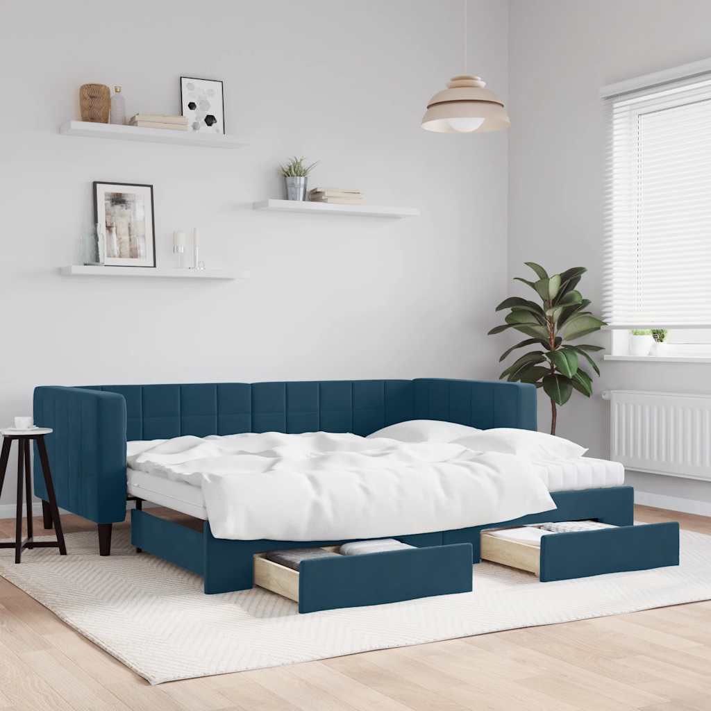 Slaapbank met onderschuifbed en lades 90x200 cm fluweel blauw is nu te koop bij PeponiXL, paradijselijk wonen!