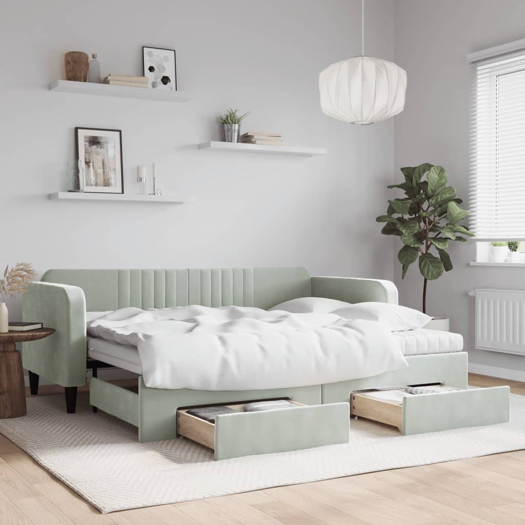 Slaapbank onderschuifbed en lades 90x200 cm fluweel lichtgrijs is nu te koop bij PeponiXL, paradijselijk wonen!