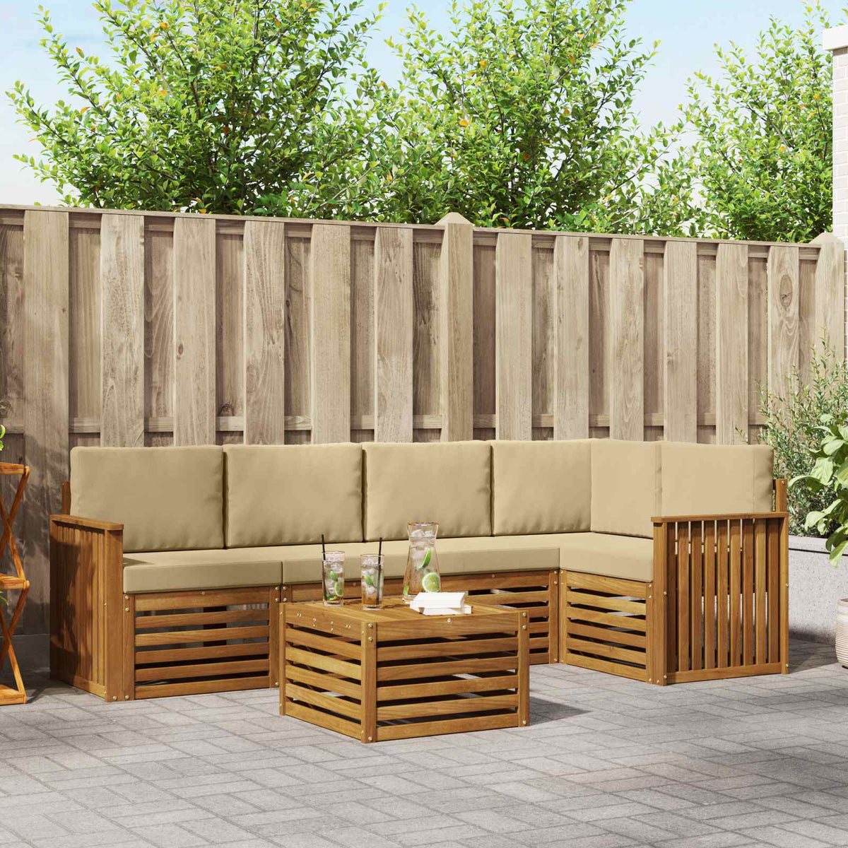 Hoekbank Set 6 pcs Natuurlijk en Beige Massief Acaciahout is nu te koop bij PeponiXL, paradijselijk wonen!