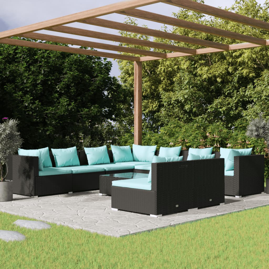 10-delige Loungeset met kussens poly rattan zwart is nu te koop bij PeponiXL, paradijselijk wonen!